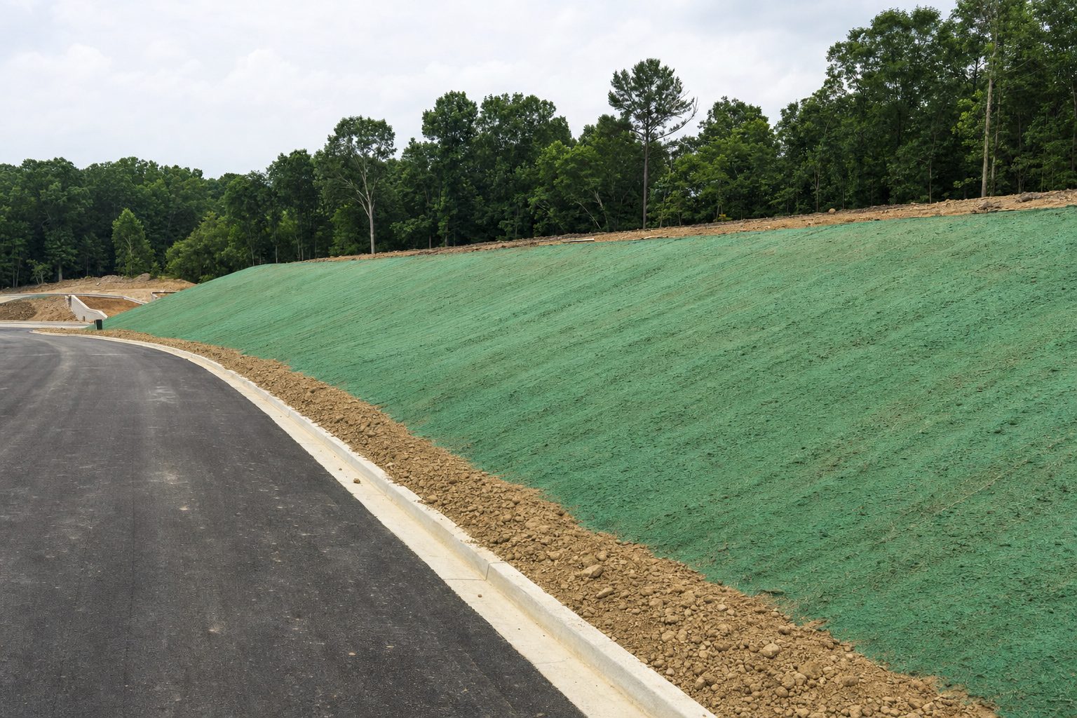 Large commercial construction site slope covered in green hydroseed mulch for erosion control next to a paved road