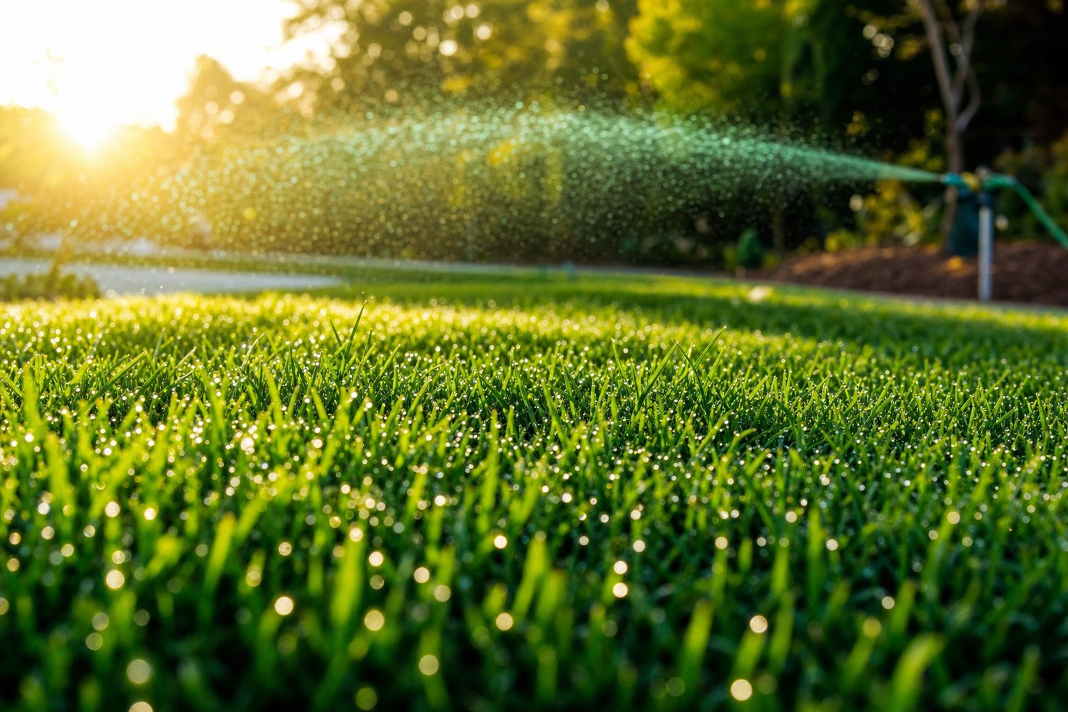 Lush green hydroseeded lawn glowing at golden hour with dew and a soft-focus sprinkler in the background