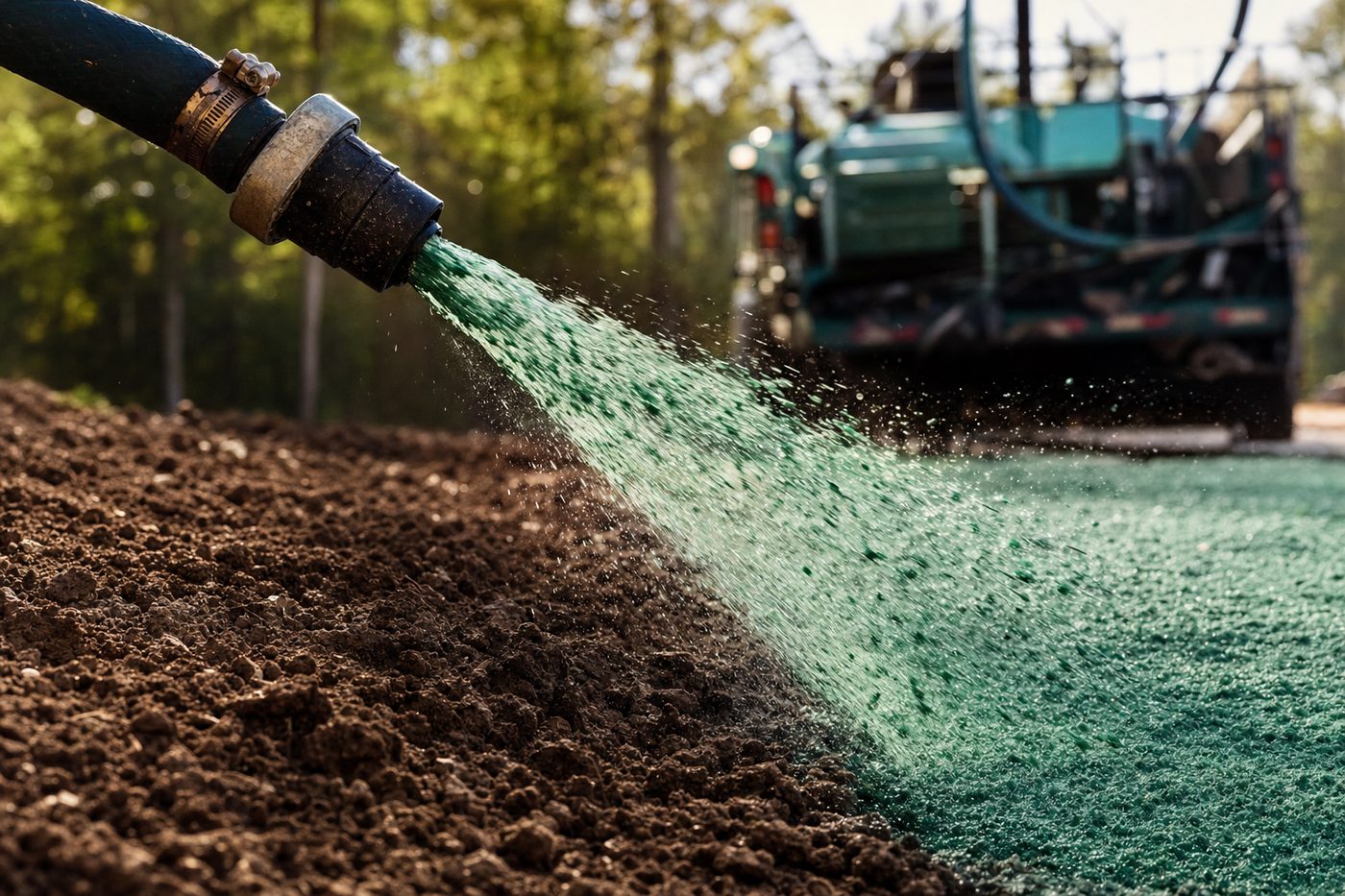 Close-up of a hydroseeding hose spraying green fibrous seed slurry onto soil